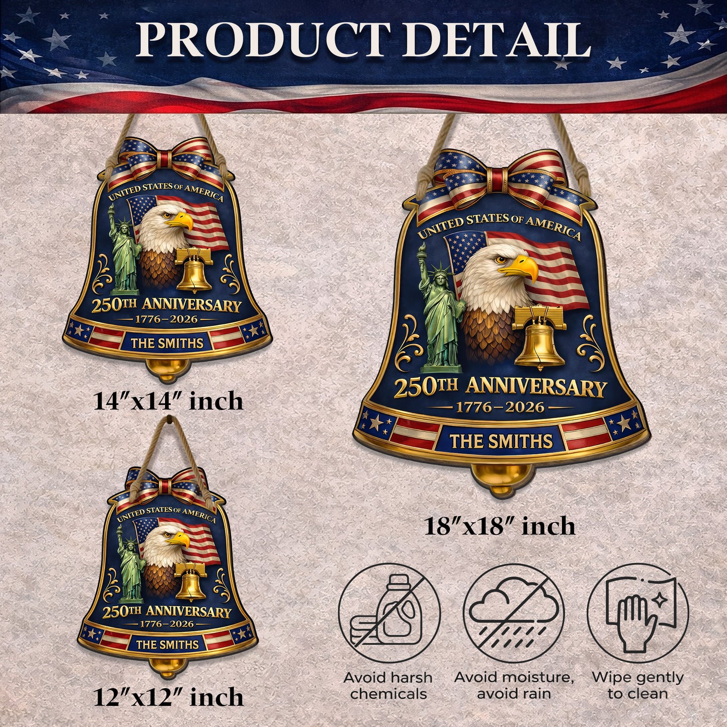 Personalized USA 250th Anniversary Bell Door Hanger – Custom Family Name (1776–2026)
