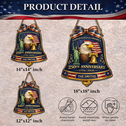 Personalized USA 250th Anniversary Bell Door Hanger – Custom Family Name (1776–2026)