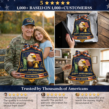 Personalized USA 250th Anniversary Bell Door Hanger – Custom Family Name (1776–2026)
