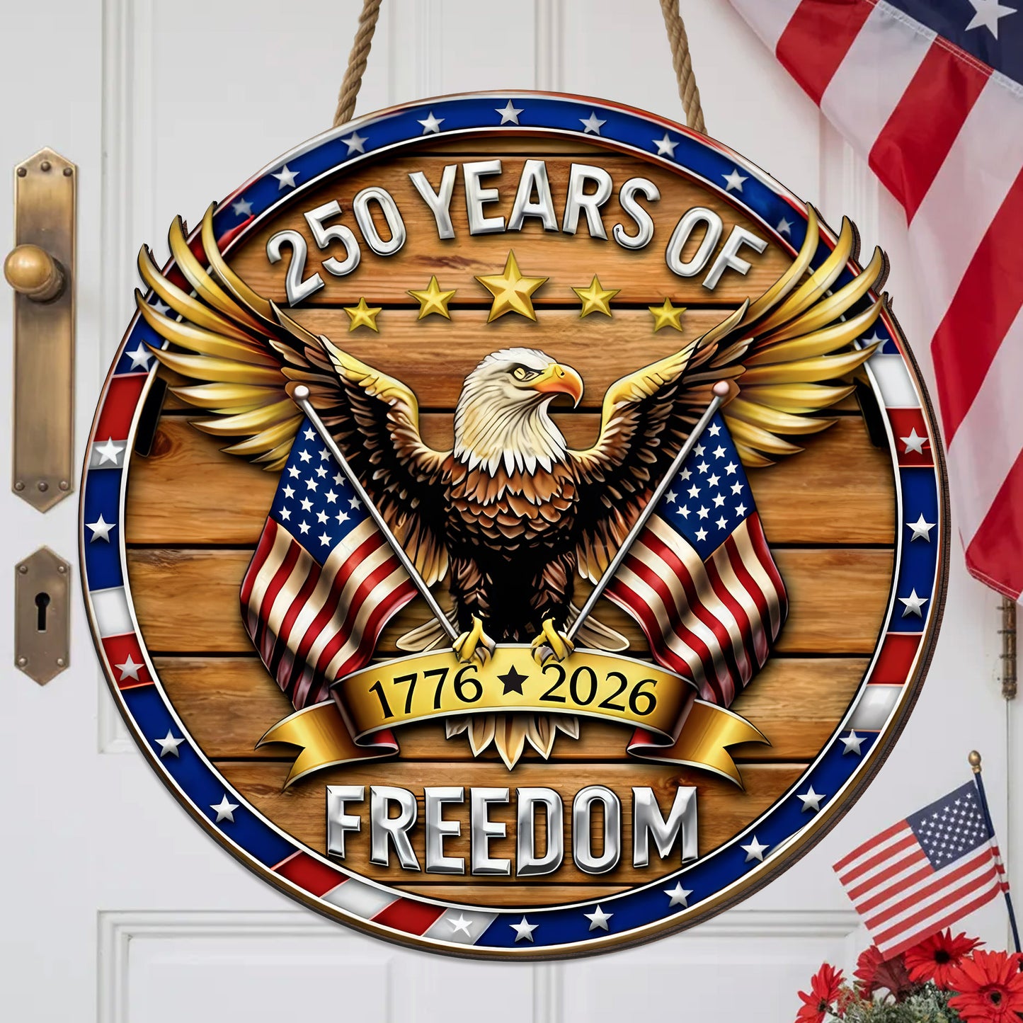 USA 250 Years of Freedom Floral Wooden Sign, Patriotic American Flag Wall Decor, Independence Day 1776–2026 Gift