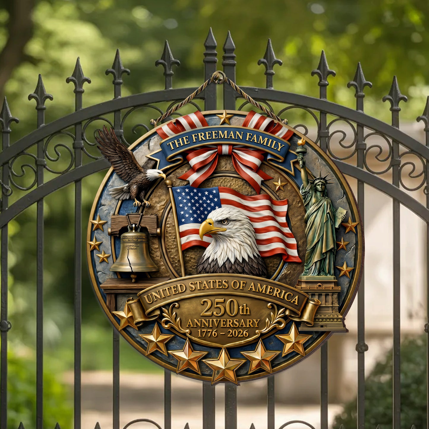 Personalized America 250th Anniversary Wood Wreath, Patriotic Door Sign, 3D Effect