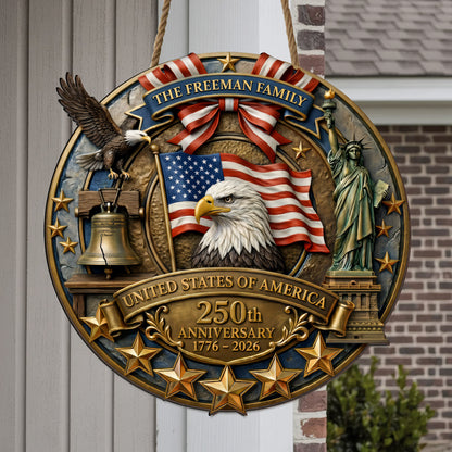 Personalized America 250th Anniversary Wood Wreath, Patriotic Door Sign, 3D Effect