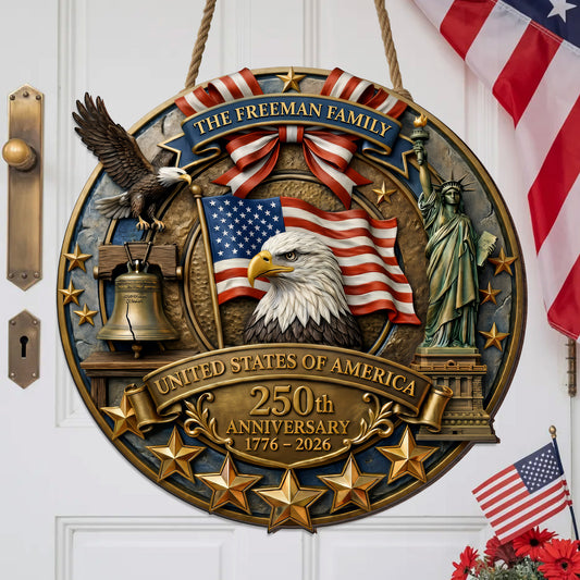 Personalized America 250th Anniversary Wood Wreath, Patriotic Door Sign, 3D Effect