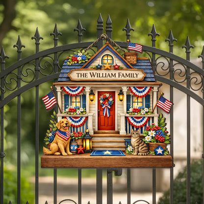 Personalized Patriotic Front Door Decor Gift Custom Family Name House Sign with Pets – Celebrate America’s 250th Anniversary