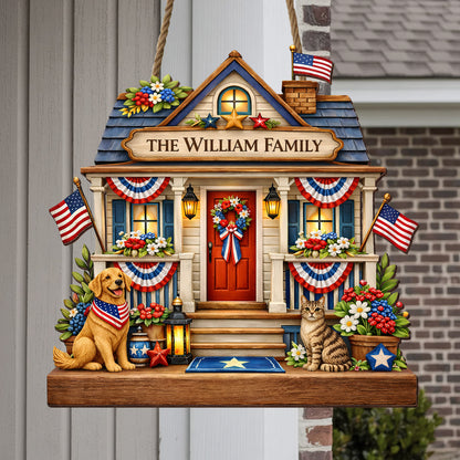 Personalized Patriotic Front Door Decor Gift Custom Family Name House Sign with Pets – Celebrate America’s 250th Anniversary