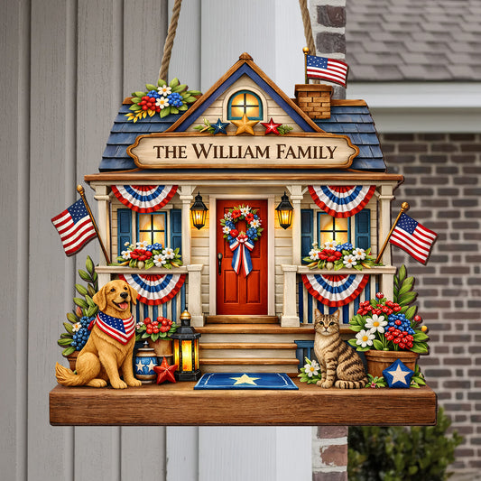 Personalized Patriotic Front Door Decor Gift Custom Family Name House Sign with Pets – Celebrate America’s 250th Anniversary