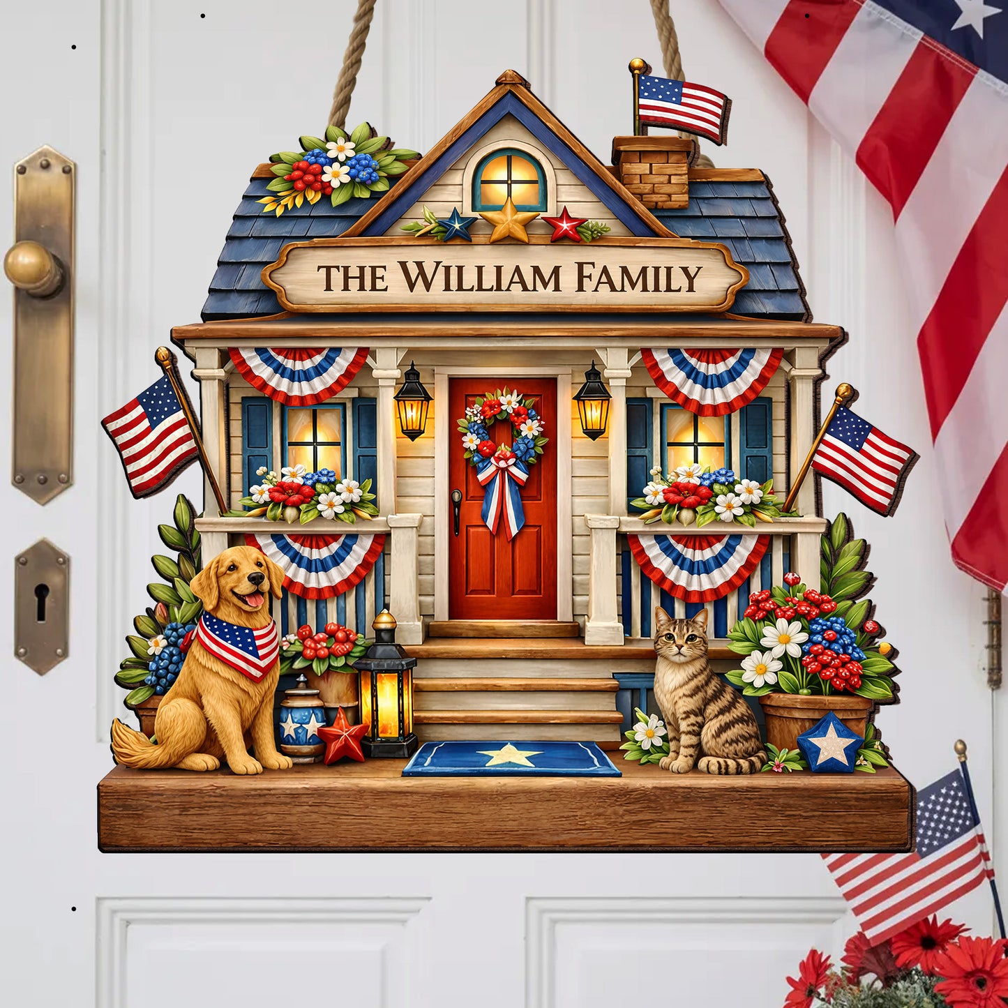 Personalized Patriotic Front Door Decor Gift Custom Family Name House Sign with Pets – Celebrate America’s 250th Anniversary