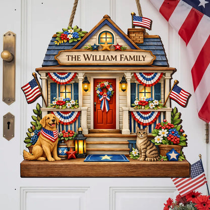 Personalized Patriotic Front Door Decor Gift Custom Family Name House Sign with Pets – Celebrate America’s 250th Anniversary