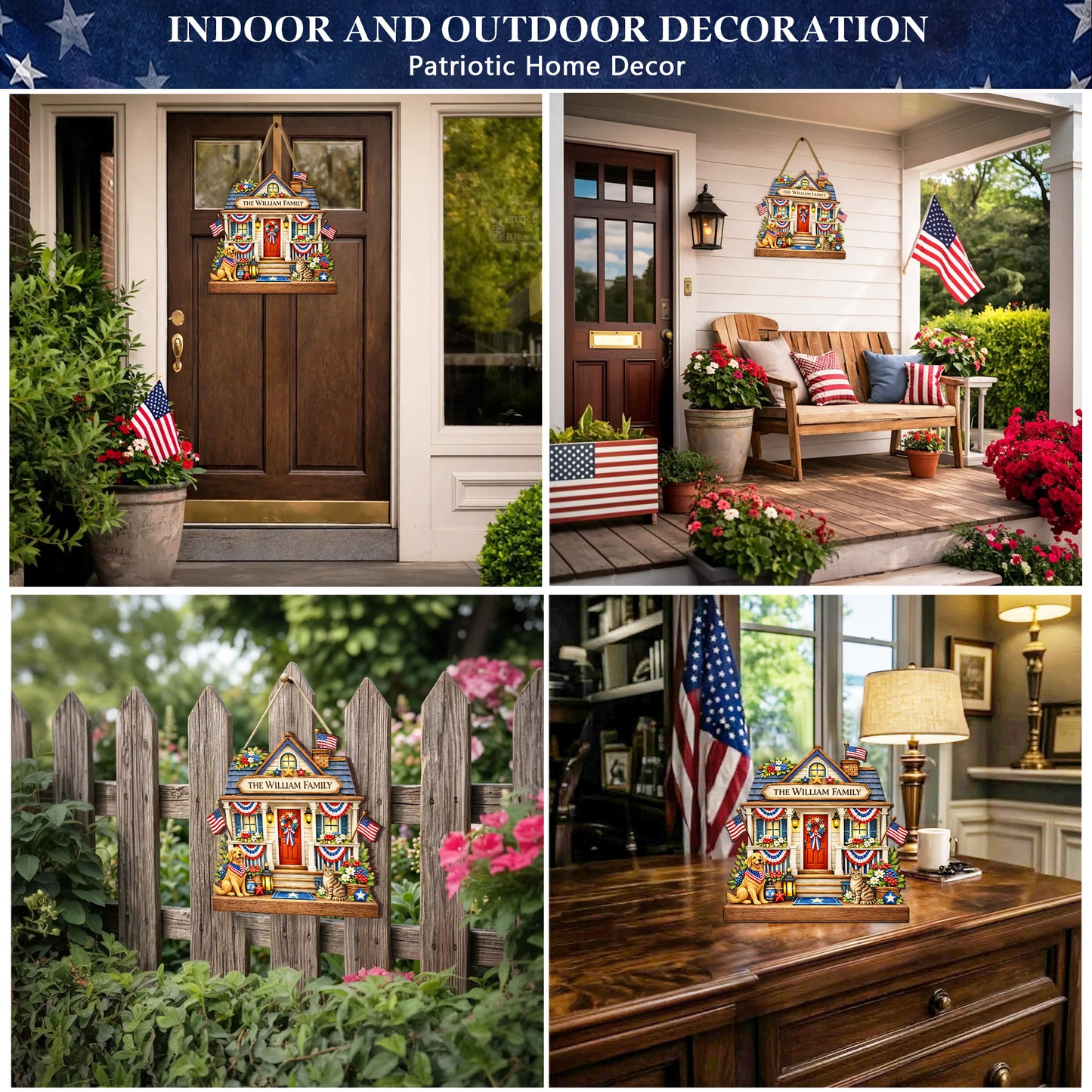 Personalized Patriotic Front Door Decor Gift Custom Family Name House Sign with Pets – Celebrate America’s 250th Anniversary