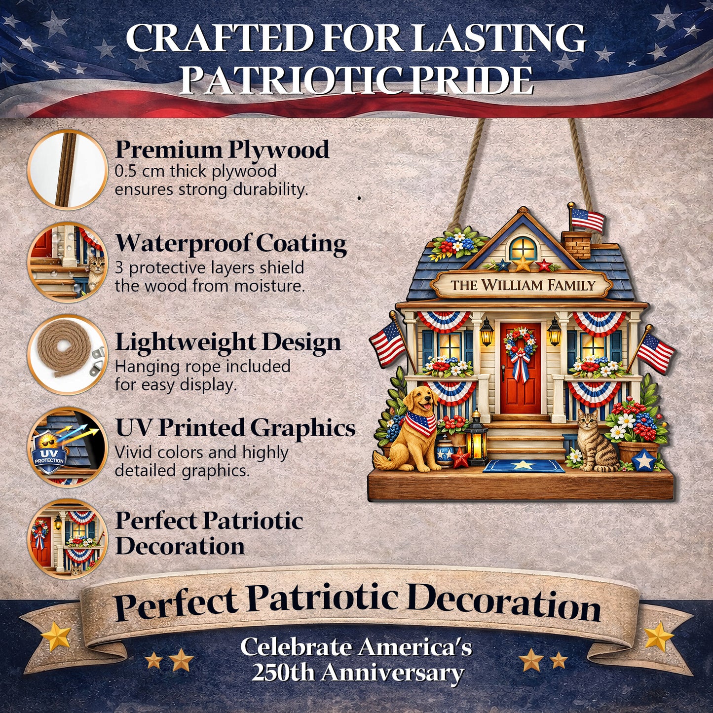Personalized Patriotic Front Door Decor Gift Custom Family Name House Sign with Pets – Celebrate America’s 250th Anniversary