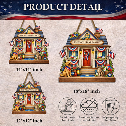 Personalized Patriotic Front Door Decor Gift Custom Family Name House Sign with Pets – Celebrate America’s 250th Anniversary