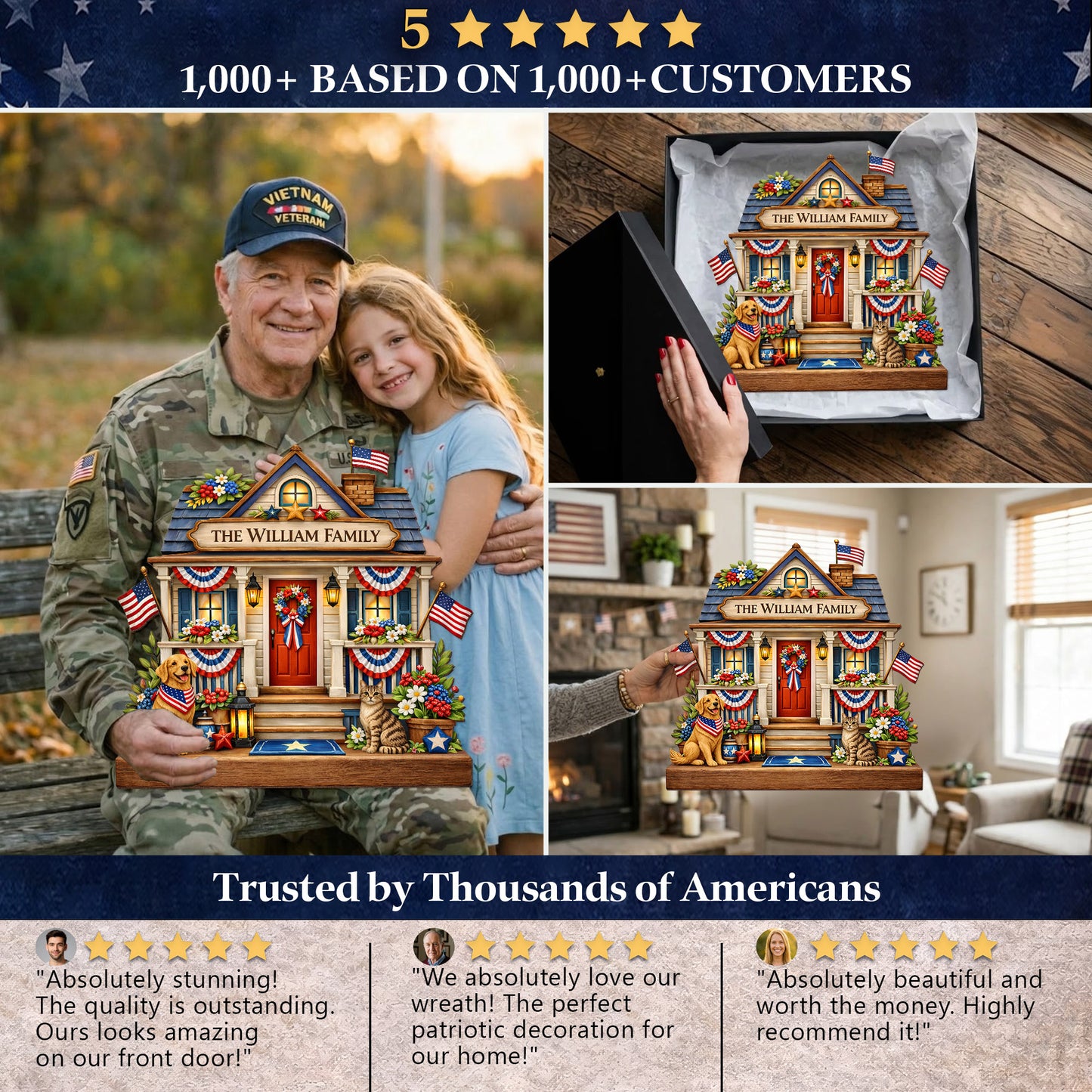 Personalized Patriotic Front Door Decor Gift Custom Family Name House Sign with Pets – Celebrate America’s 250th Anniversary