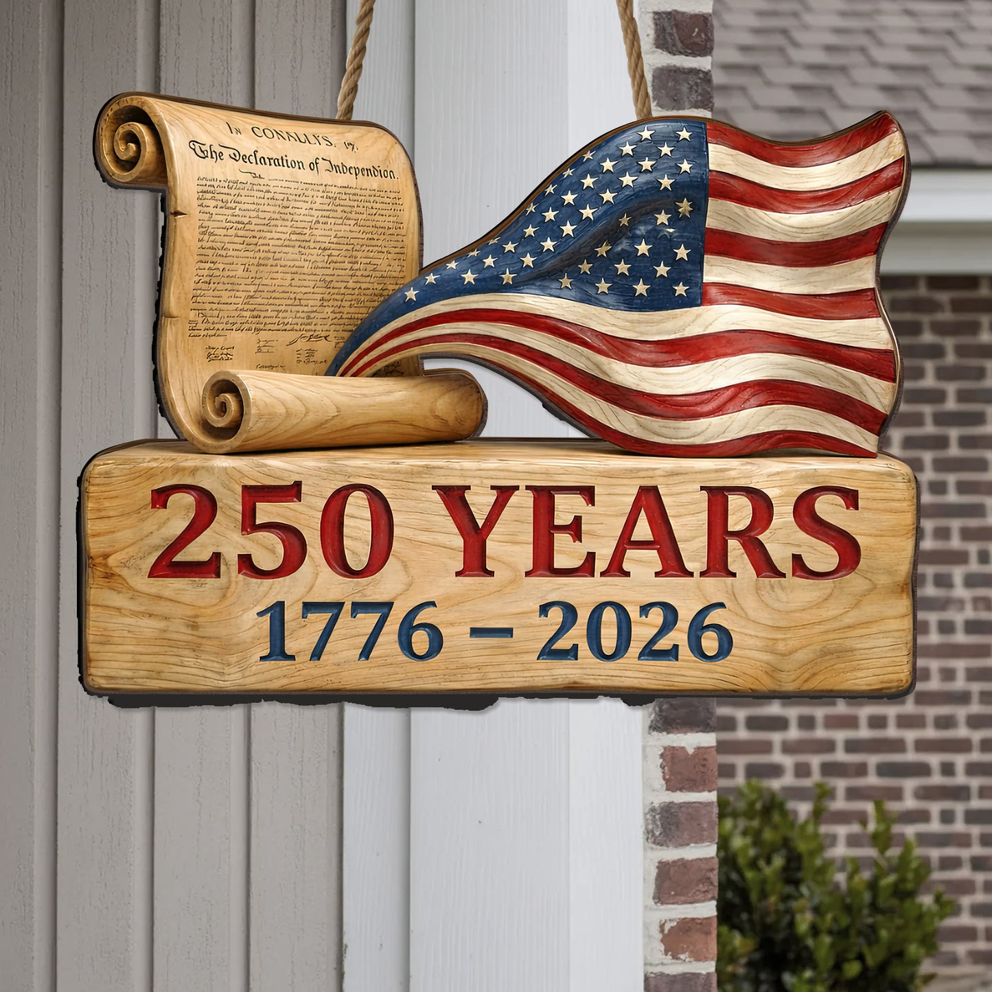 USA 250th Anniversary Wooden Wall Sign – Declaration of Independence & Flag Design (1776-2026)