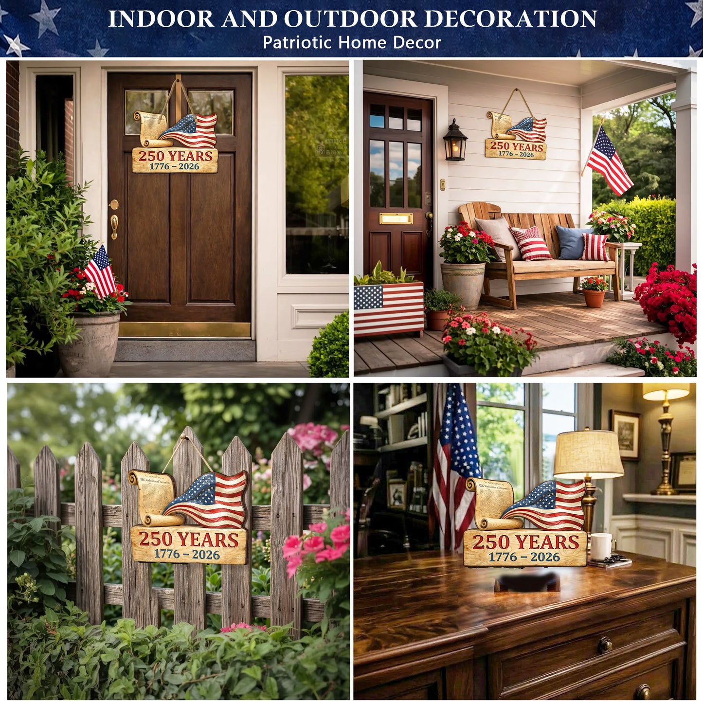 USA 250th Anniversary Wooden Wall Sign – Declaration of Independence & Flag Design (1776-2026)