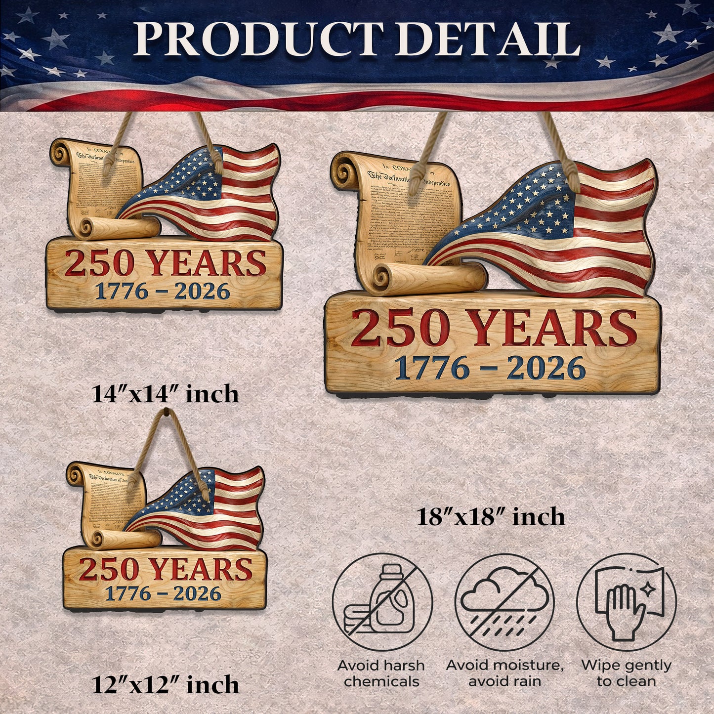 USA 250th Anniversary Wooden Wall Sign – Declaration of Independence & Flag Design (1776-2026)
