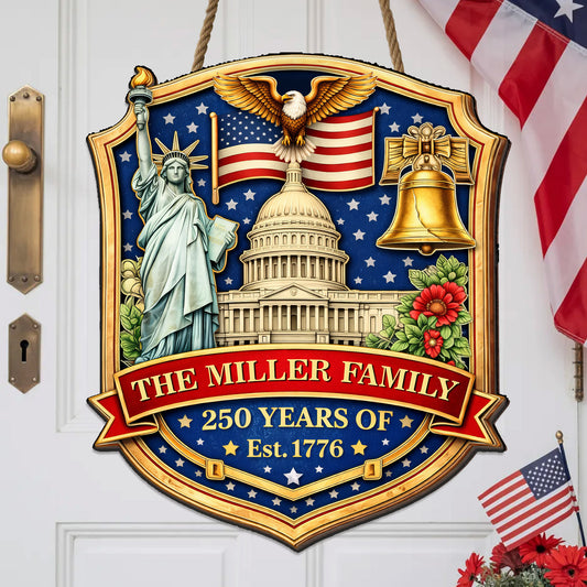 Personalized America 250 Years of Freedom Family Wooden Door Sign