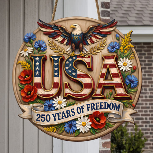 Patriotic USA Wood Sign – 250 Years of Freedom Door Hanger with Eagle