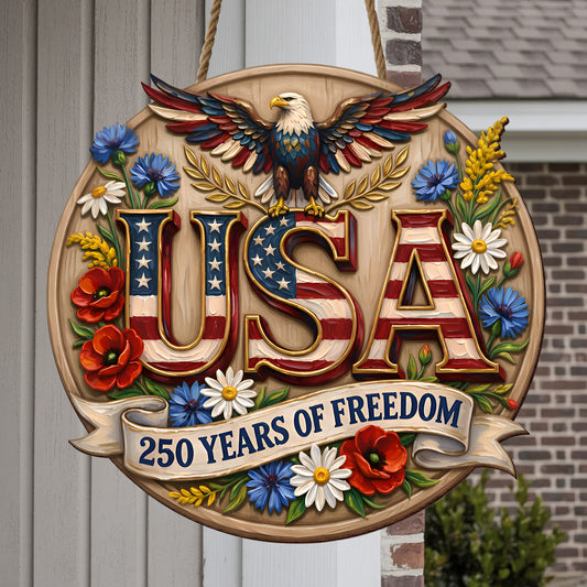 Patriotic USA Wood Sign – 250 Years of Freedom Door Hanger with Eagle