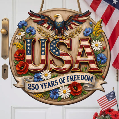 Patriotic USA Wood Sign – 250 Years of Freedom Door Hanger with Eagle