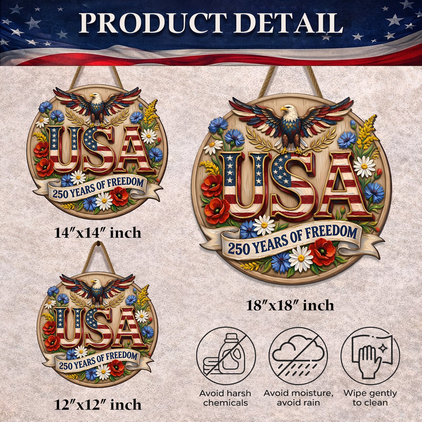 Patriotic USA Wood Sign – 250 Years of Freedom Door Hanger with Eagle