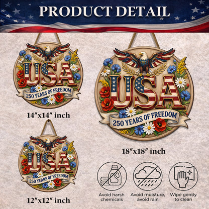 Patriotic USA Wood Sign – 250 Years of Freedom Door Hanger with Eagle