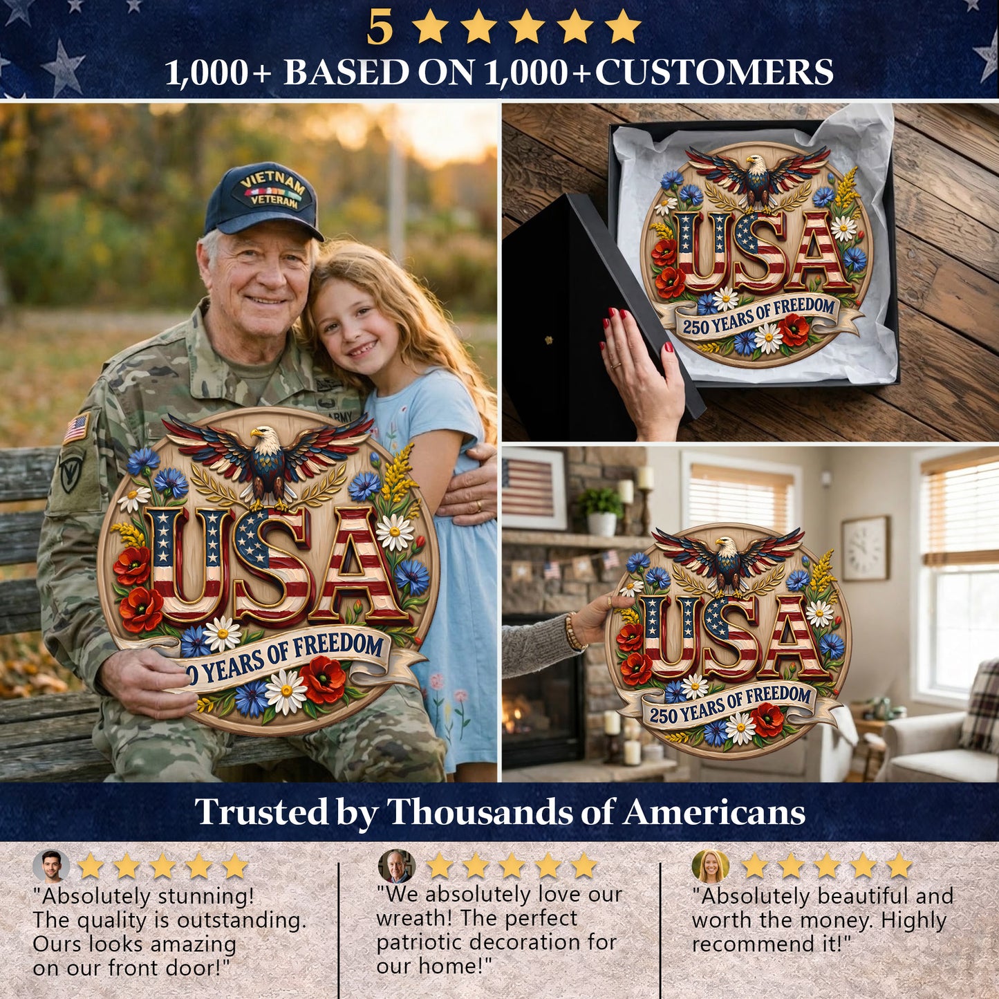 Patriotic USA Wood Sign – 250 Years of Freedom Door Hanger with Eagle