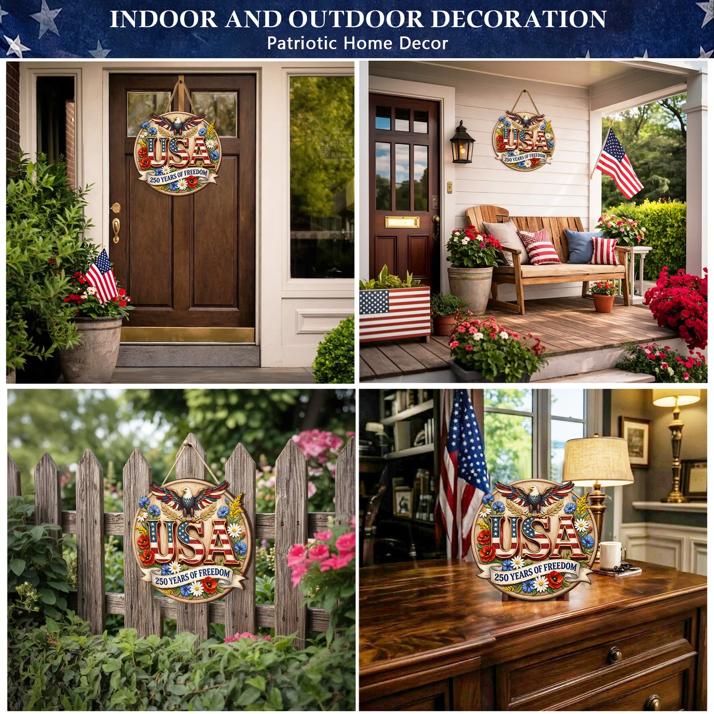 Patriotic USA Wood Sign – 250 Years of Freedom Door Hanger with Eagle