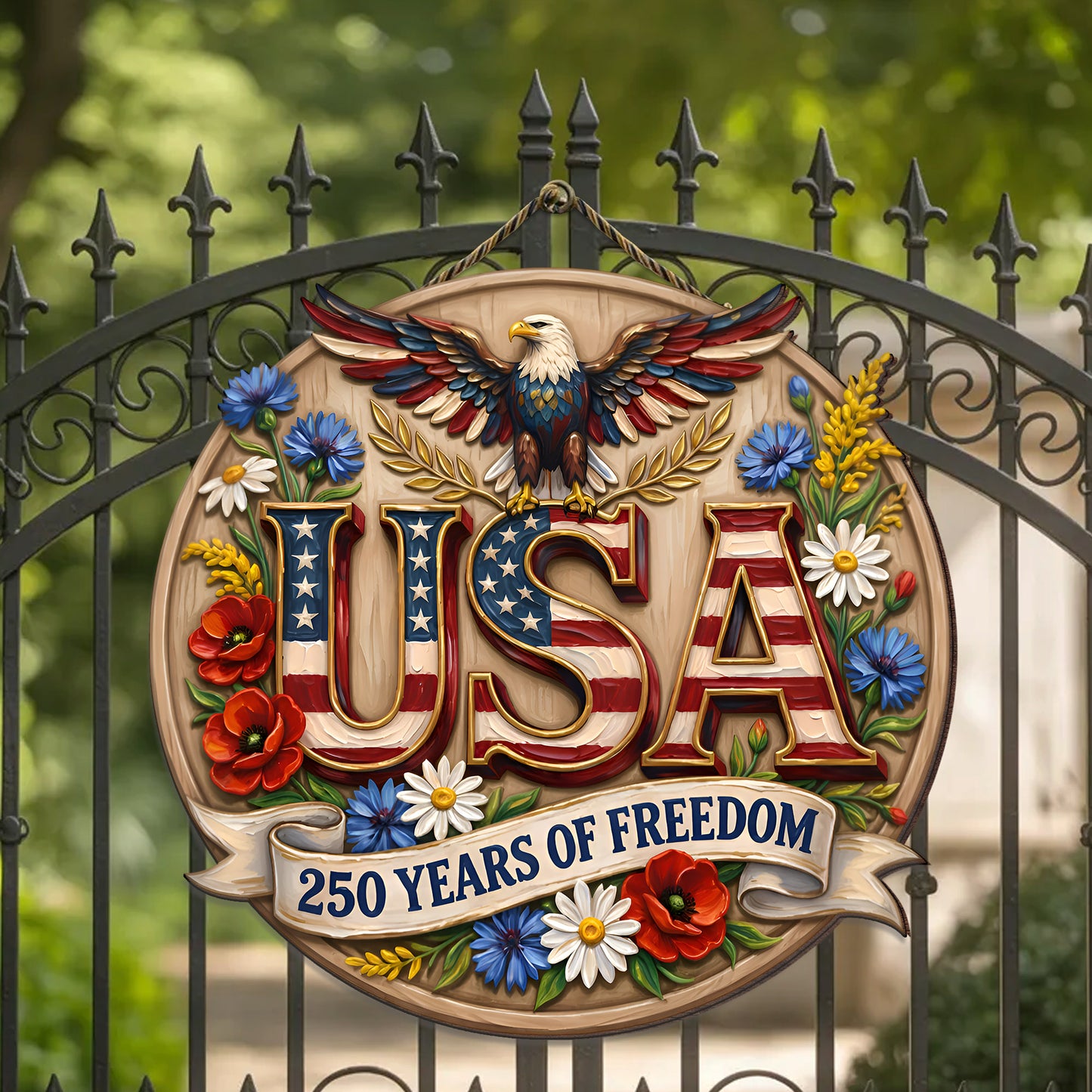 Patriotic USA Wood Sign – 250 Years of Freedom Door Hanger with Eagle