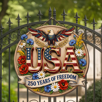 Patriotic USA Wood Sign – 250 Years of Freedom Door Hanger with Eagle