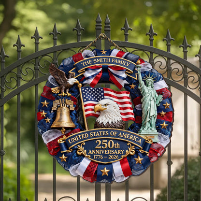 Personalized USA 250th Anniversary Wreath Door Hanger – Custom Family Name (1776–2026)