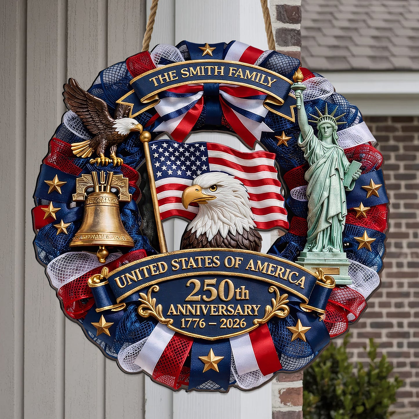 Personalized USA 250th Anniversary Wreath Door Hanger – Custom Family Name (1776–2026)