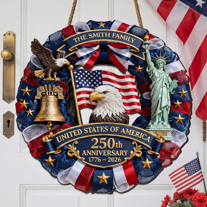 Personalized USA 250th Anniversary Wreath Door Hanger – Custom Family Name (1776–2026)