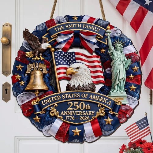 Personalized USA 250th Anniversary Wreath Door Hanger – Custom Family Name (1776–2026)