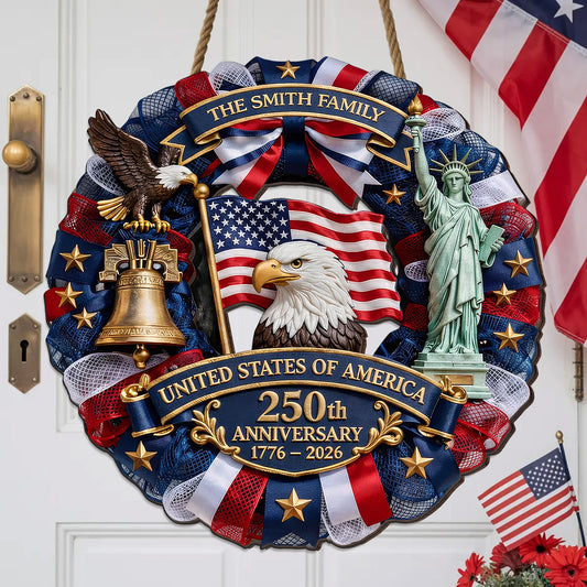 Personalized USA 250th Anniversary Wreath Door Hanger – Custom Family Name (1776–2026)