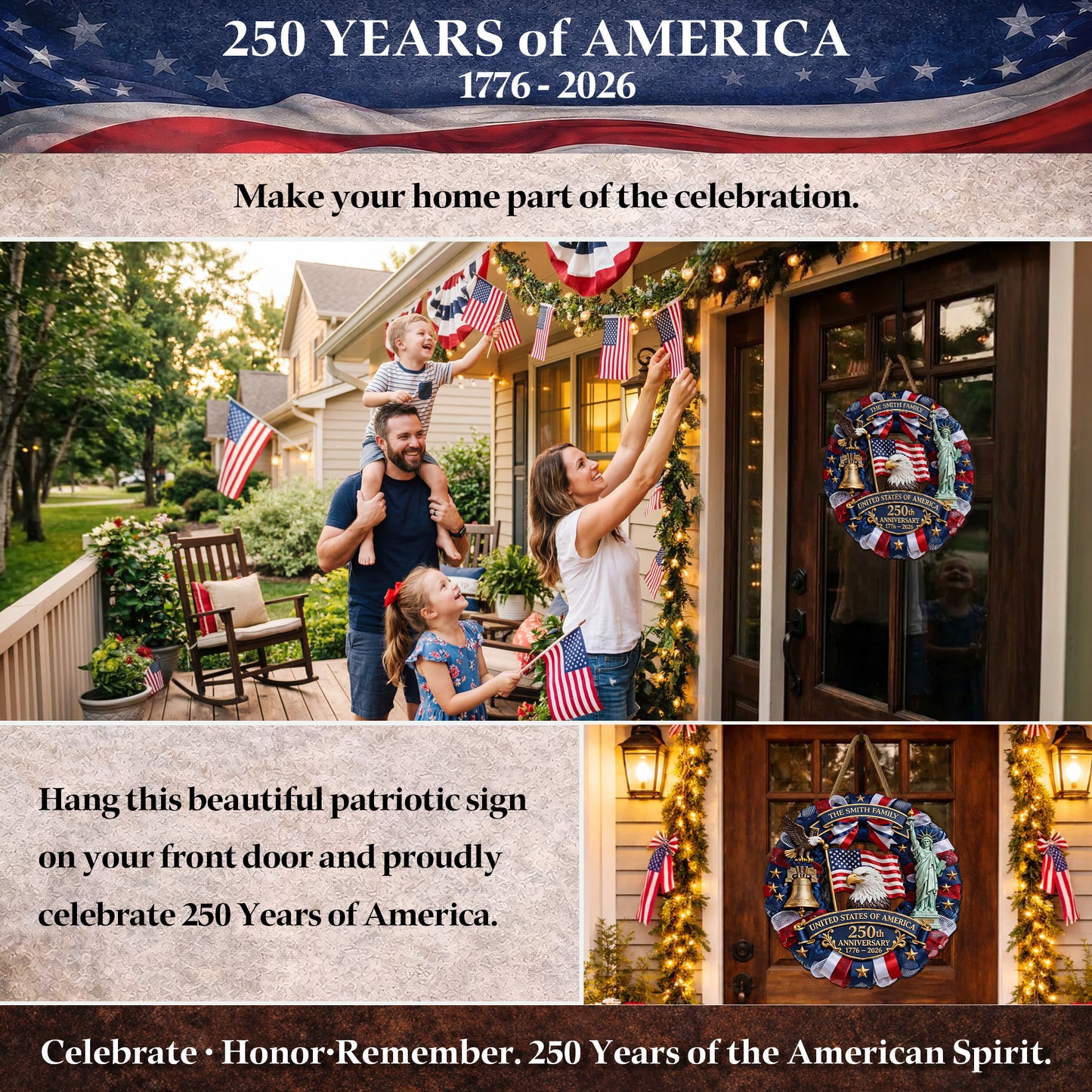 Personalized USA 250th Anniversary Wreath Door Hanger – Custom Family Name (1776–2026)