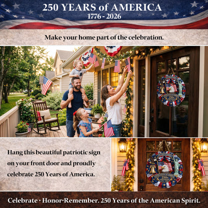 Personalized USA 250th Anniversary Wreath Door Hanger – Custom Family Name (1776–2026)