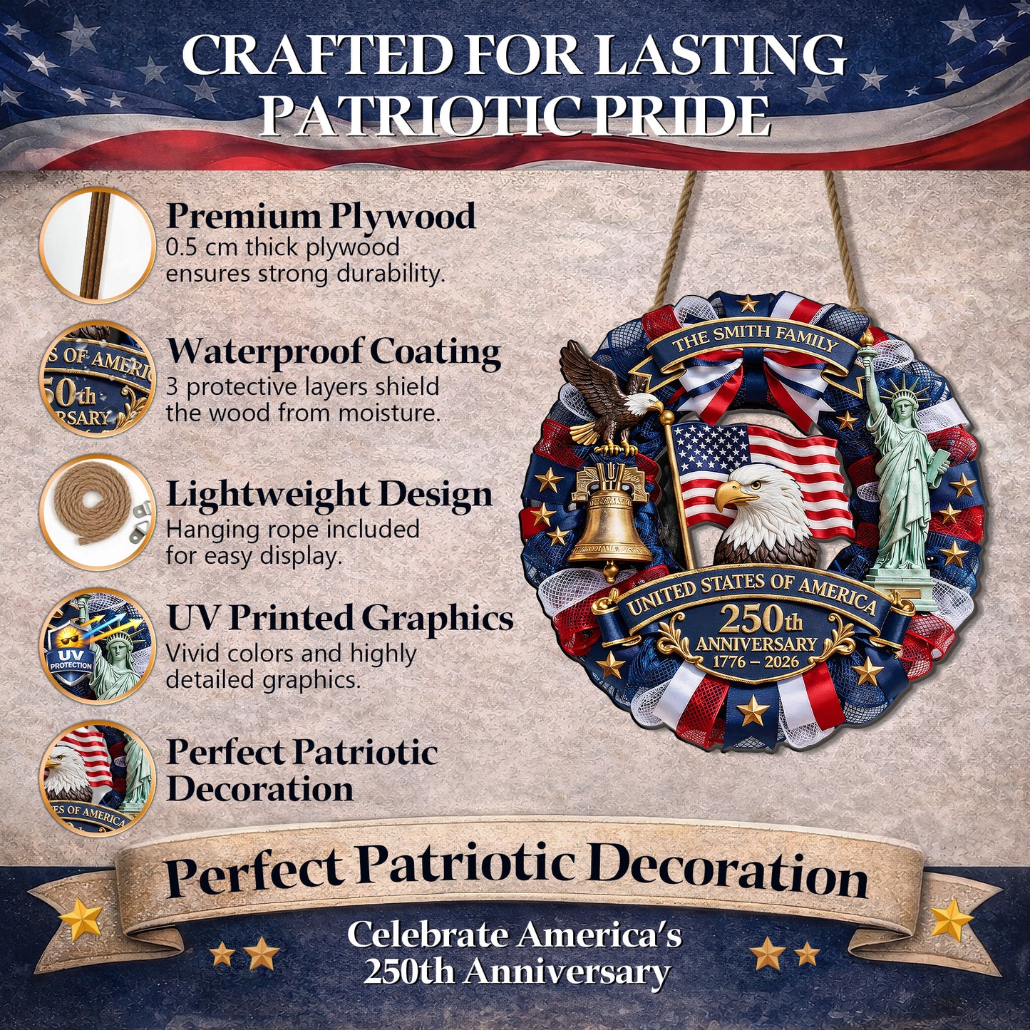 Personalized USA 250th Anniversary Wreath Door Hanger – Custom Family Name (1776–2026)