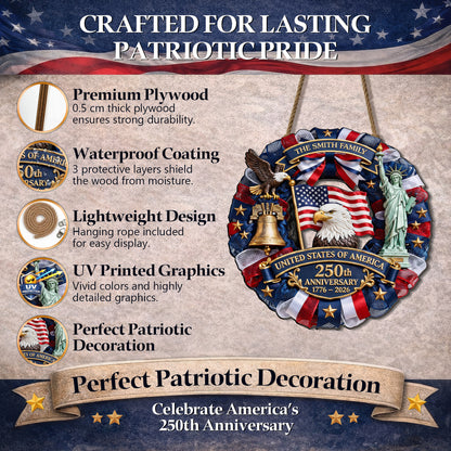Personalized USA 250th Anniversary Wreath Door Hanger – Custom Family Name (1776–2026)