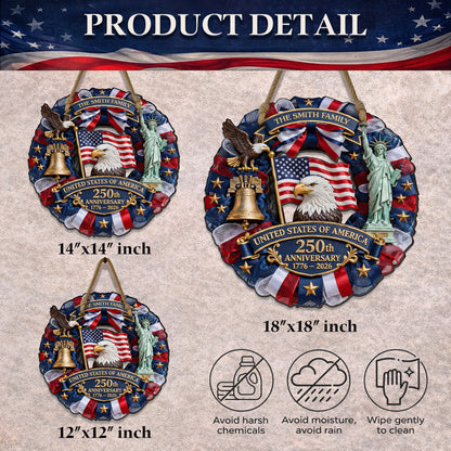Personalized USA 250th Anniversary Wreath Door Hanger – Custom Family Name (1776–2026)