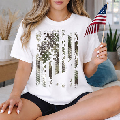 Camo American Flag Deer Hunting – Veteran Legacy – Unisex Tshirt Gildan / Tshirt Comfort / V-neck/ Hoodie / Sweatshirt