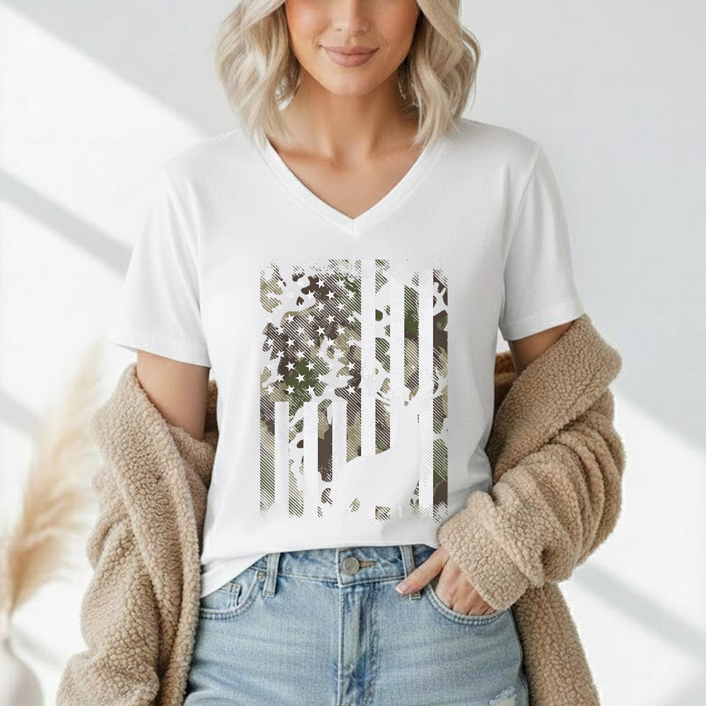 Camo American Flag Deer Hunting – Veteran Legacy – Unisex Tshirt Gildan / Tshirt Comfort / V-neck/ Hoodie / Sweatshirt