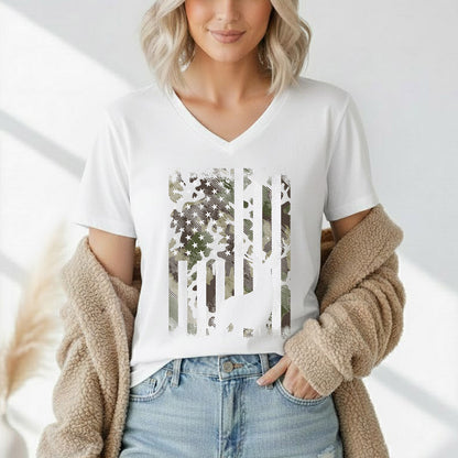 Camo American Flag Deer Hunting – Veteran Legacy – Unisex Tshirt Gildan / Tshirt Comfort / V-neck/ Hoodie / Sweatshirt