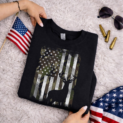 Camo American Flag Deer Hunting – Veteran Legacy – Unisex Tshirt Gildan / Tshirt Comfort / V-neck/ Hoodie / Sweatshirt