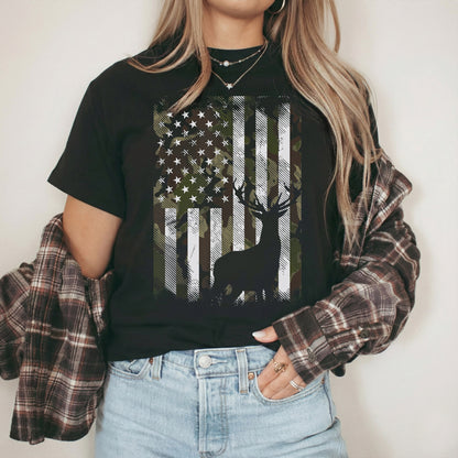 Camo American Flag Deer Hunting – Veteran Legacy – Unisex Tshirt Gildan / Tshirt Comfort / V-neck/ Hoodie / Sweatshirt