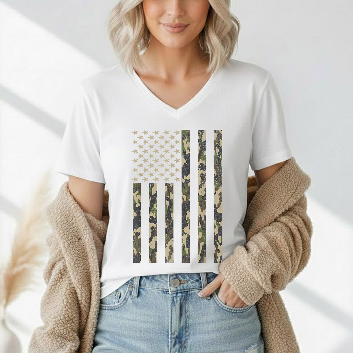 Vintage Woodland Camo Flag – Veteran Legacy – Unisex Tshirt Gildan / Tshirt Comfort / V-neck/ Hoodie / Sweatshirt