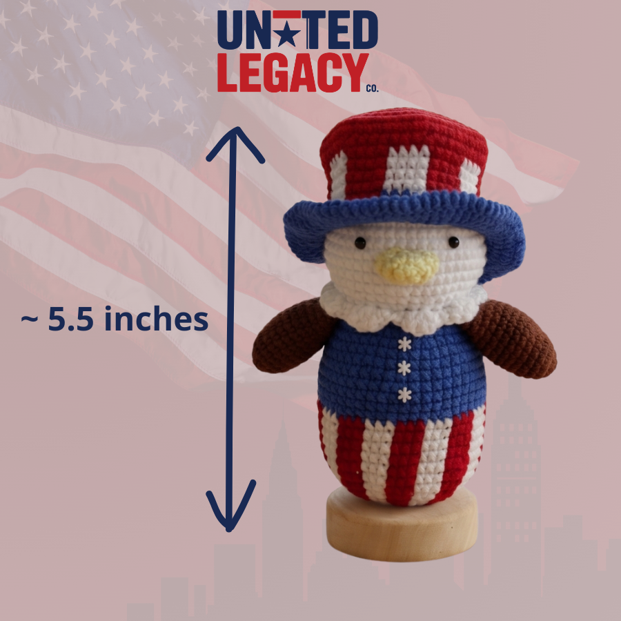 Handmade USA 250th Anniversary Crochet Eagle Doll with Wooden Base – Patriotic Desk Decor, Car Decor & Gift