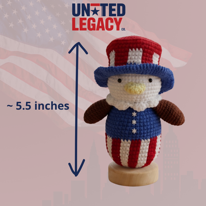 Handmade USA 250th Anniversary Crochet Eagle Doll with Wooden Base – Patriotic Desk Decor, Car Decor & Gift