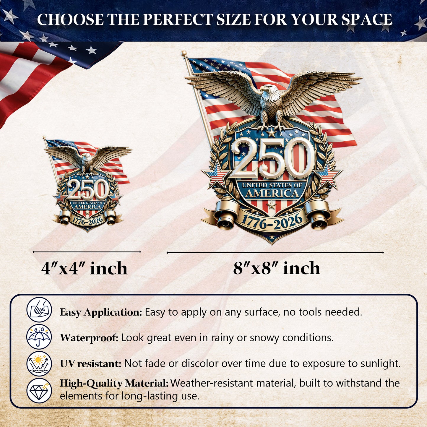 USA 250th Anniversary Eagle and Flag Decal for Car, Truck, Laptop & More