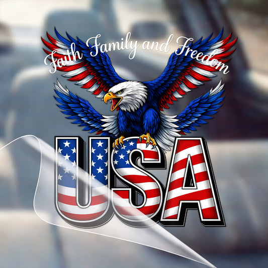 Faith, Family, and Freedom USA Eagle Decal for Car, Truck, Bottle, Laptop & More
