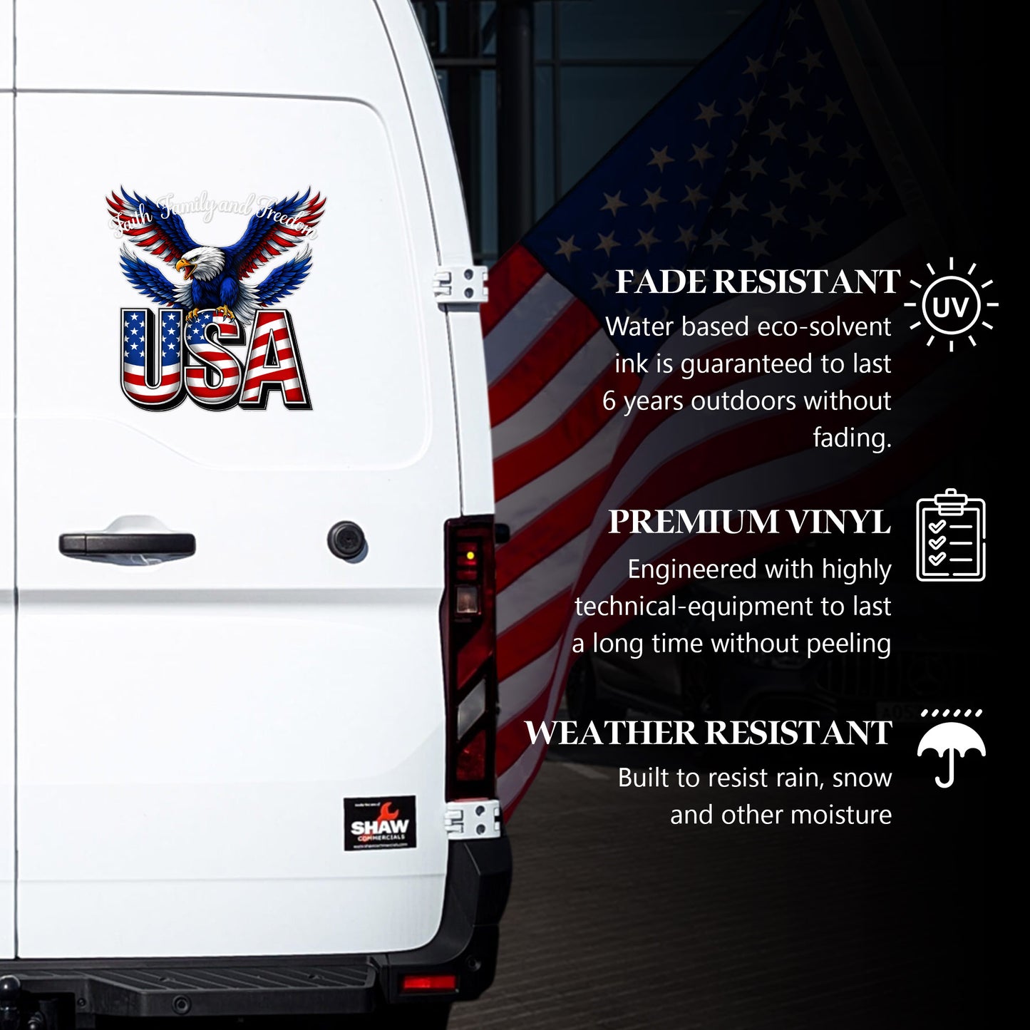 Faith, Family, and Freedom USA Eagle Decal for Car, Truck, Bottle, Laptop & More